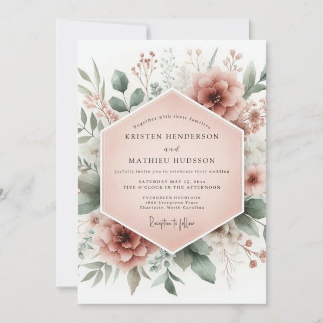 Convite Casamento Floral Rosa Empoeirado (Frente)
