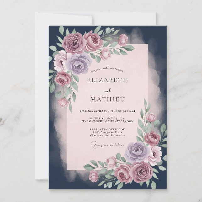 Convite Casamento Floral Rosa Empoeirado (Frente)