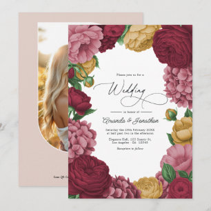 Convite Casamento Floral Rosa Empoeirado, Merlot e Dourado