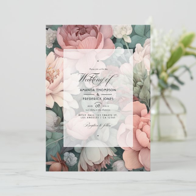 Convite Casamento Floral Rosa Empoeirado, Verde Hortelã e  (Em pé/Frente)