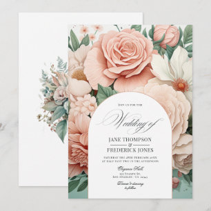 Convite Casamento Floral Rosa Empoeirado, Verde Menta e Bl