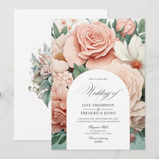 Convite Casamento Floral Rosa Empoeirado, Verde Menta e Bl (Frente/Verso)