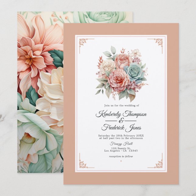 Convite Casamento Floral Rosa Empoeirado, Verde Menta e Bl (Frente/Verso)