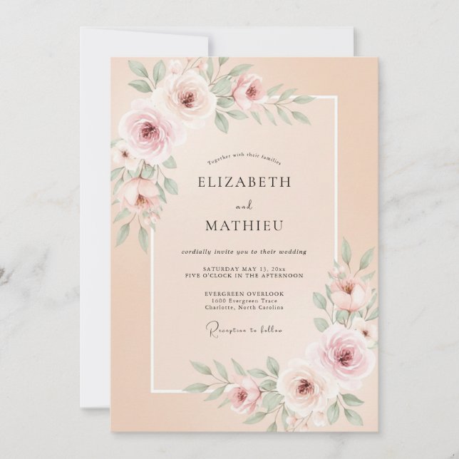 Convite Casamento Floral Rosa Gracioso Pêssego (Frente)