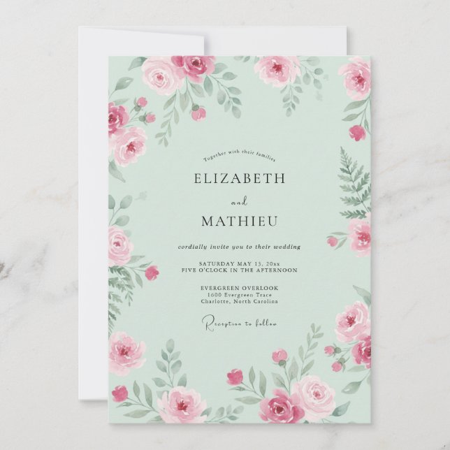 Convite Casamento Floral Rosa Hortelã (Frente)