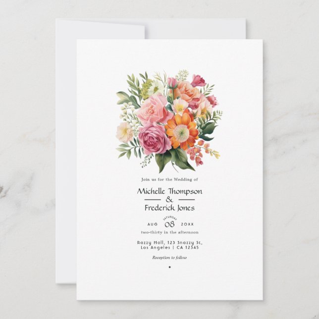 Convite Casamento Floral Rosa, Laranja e Verde (Frente)