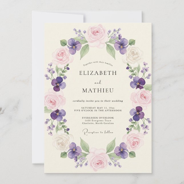 Convite Casamento Floral Rosa Lavanda Primavera (Frente)