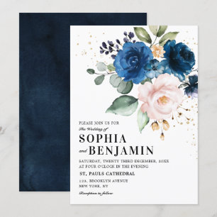 Convite Casamento Floral Rosa Marinho Azul com Azul
