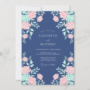 Convite Casamento Floral Rosa Navy Blossom