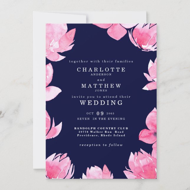 Convite Casamento Floral Rosa no Azul Marinho (Frente)
