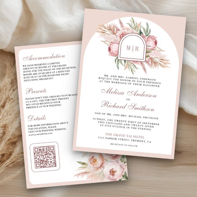 Convite Casamento Floral Rosa Pampas em Pó QR Code (Criador carregado)