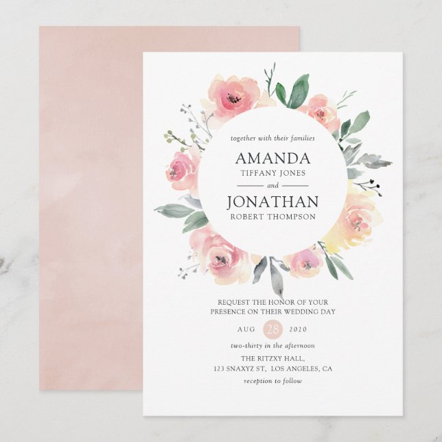 Convite Casamento Floral Rosa Pastel (Frente/Verso)