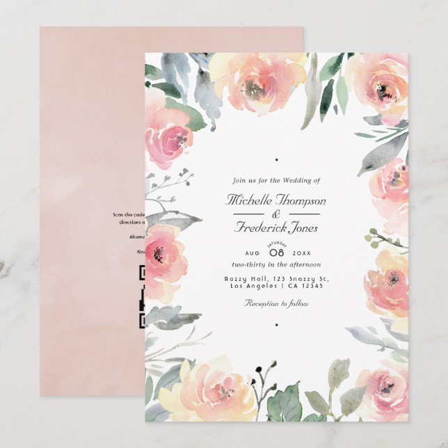 Convite Casamento Floral Rosa Pastel com Código QR para RS (Frente/Verso)