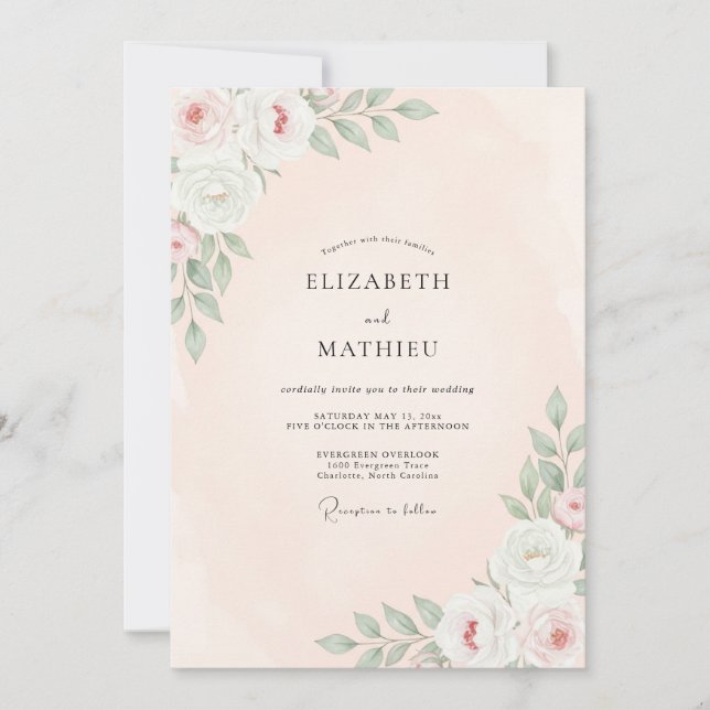 Convite Casamento Floral Rosa Pêssego (Frente)