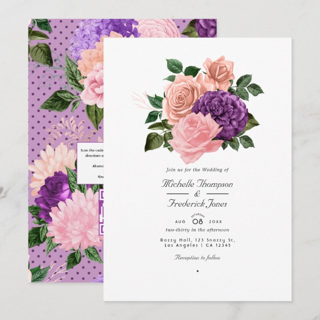 Convite Casamento Floral Rosa Pêssego e Lavanda Roxo (Frente/Verso)