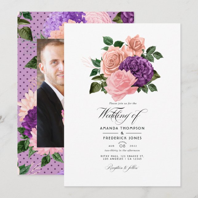 Convite Casamento Floral Rosa Pêssego e Lavanda Roxo (Frente/Verso)