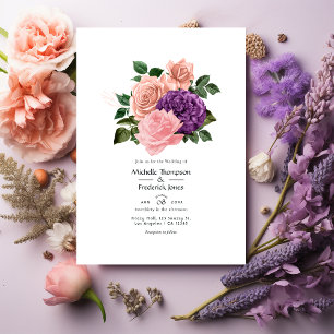 Convite Casamento Floral Rosa Pêssego e Lavanda Roxo