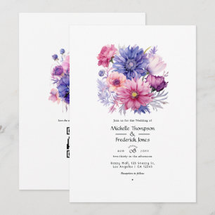 Convite Casamento Floral Rosa Pétala, Azul Centáurea e Mau