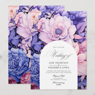 Convite Casamento Floral Rosa Pétala, Azul Centáurea e Mau