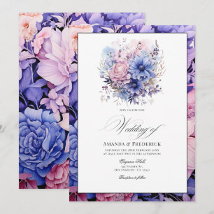 Convite Casamento Floral Rosa Pétala, Azul Centáurea e Mau