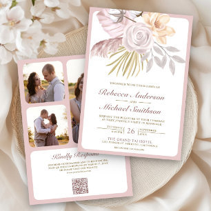 Convite Casamento Floral Rosa Poeira Rústico Código QR