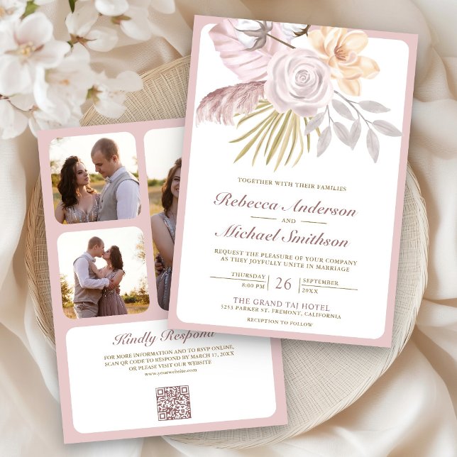 Convite Casamento Floral Rosa Poeira Rústico Código QR (Criador carregado)