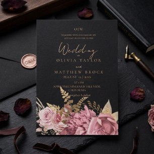 Convite Casamento Floral Rosa Poeirento e Preto ⎮Bege e Ro