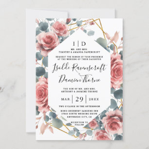 Convite Casamento Floral Rosa Poente Elegante Dourado