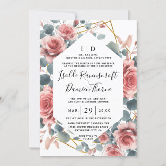 Convite Casamento Floral Rosa Poente Elegante Dourado