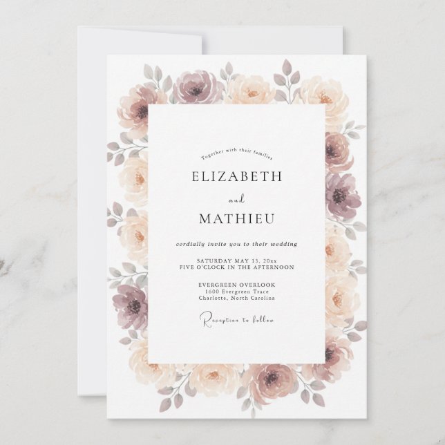 Convite Casamento Floral Rosa Poente Malva (Frente)