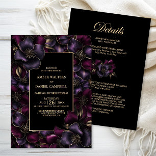 Convite Casamento Floral Rosa Púrpura Preta