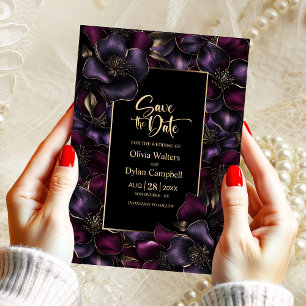 Convite Casamento Floral Rosa Púrpura Preto Guarde a Data