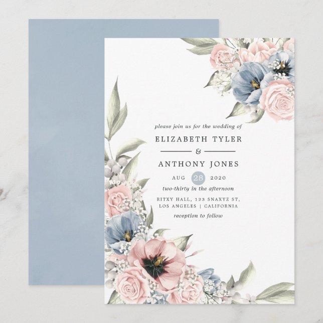 Convite Casamento Floral Rosa Quartzo e Azul Serenidade (Frente/Verso)