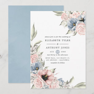 Convite Casamento Floral Rosa Quartzo e Azul Serenidade