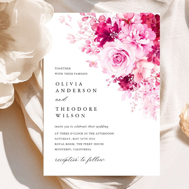Convite Casamento Floral Rosa Quente (Hot Pink Floral Wedding Invitation, Fuchsia Rose Watercolor Wedding Invite, Romantic Garden Wedding)