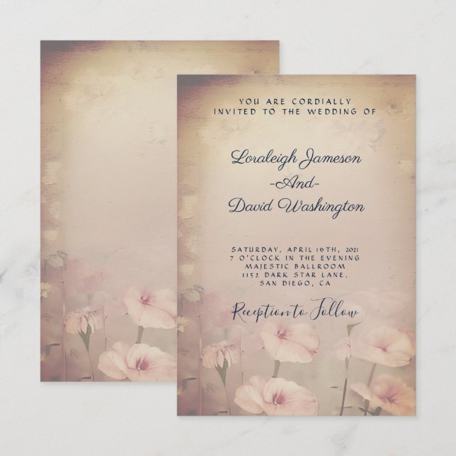 Convite Casamento floral rosa retrô (Frente/Verso)