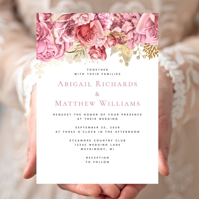 Convite Casamento Floral Rosa Romântico Dourado (Criador carregado)