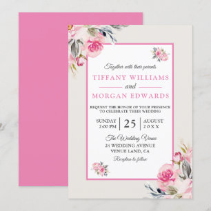Convite Casamento Floral Rosa-Rosa Belo Elegante