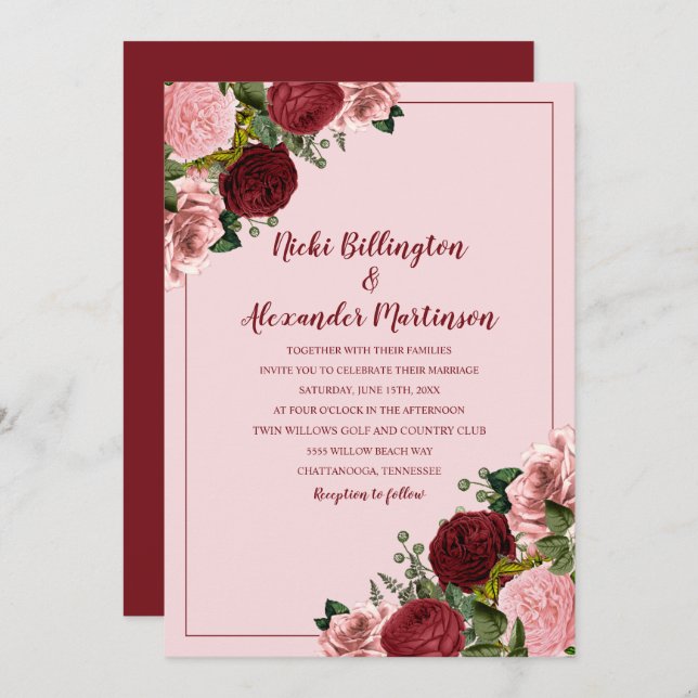 Convite Casamento Floral Rosa-Rosa-Blush Rustic Burgundy (Frente/Verso)