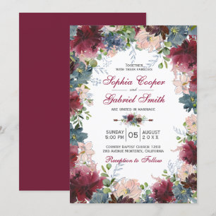 Convite Casamento Floral Rosa-Rosa-Marinho Botânico Modern