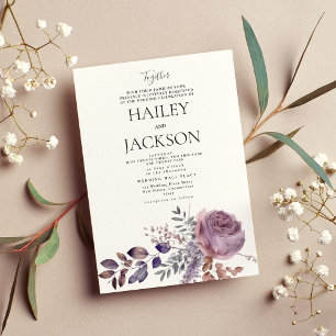 Convite Casamento floral rosa roxo lavanda aquarela