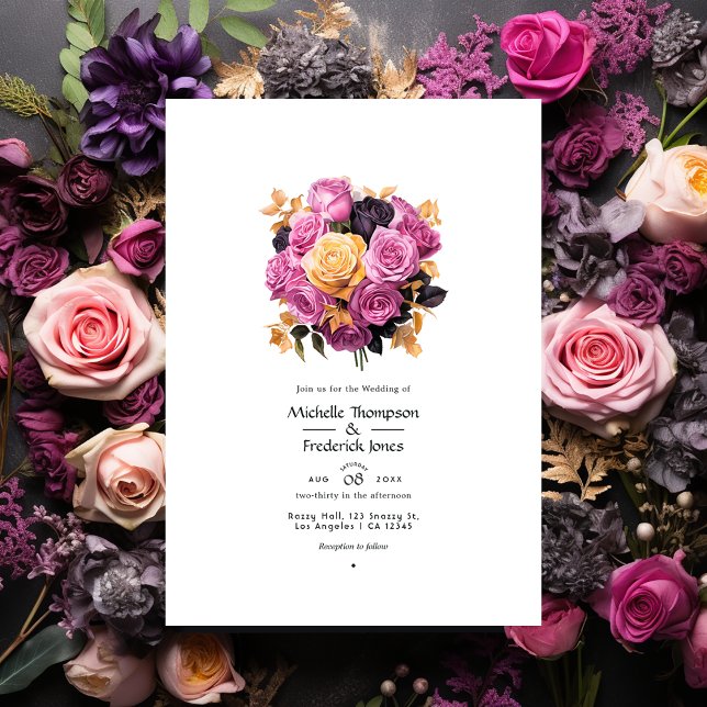 Convite Casamento Floral, Rosa, Roxo, Preto e Dourado (Criador carregado)