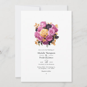 Convite Casamento Floral Rosa, Roxo, Preto e Dourado