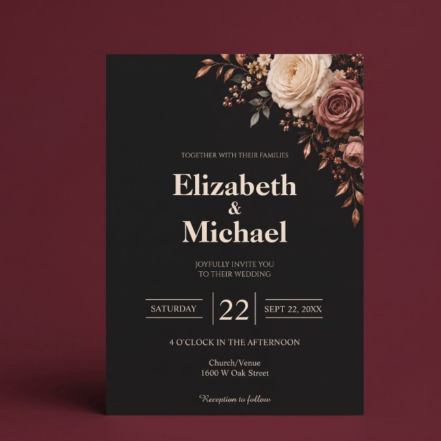 Convite Casamento Floral Rosa Rubor Preto (Criador carregado)