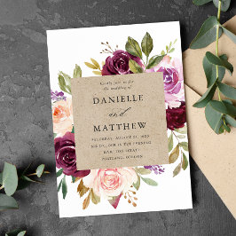 Convite Casamento Floral Rosa Rústico Borgonha e Roxo
