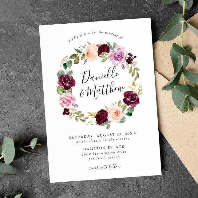 Convite Casamento Floral Rosa Rústico Borgonha e Roxo (Criador carregado)