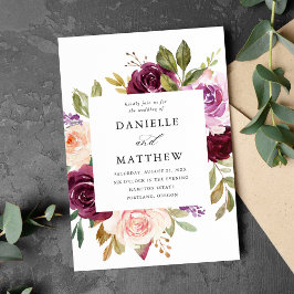 Convite Casamento Floral Rosa Rústico Borgonha e Roxo