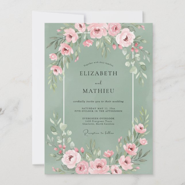 Convite Casamento Floral Rosa Sage (Frente)