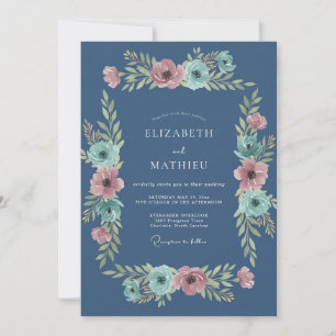 Convite Casamento Floral Rosa Slate Aqua