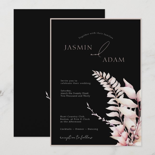 Convite Casamento Floral Rosa Suave Boho Preto (Frente/Verso)